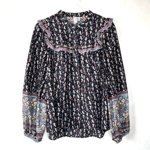 Women's JOIE Blue Prairie Peasant Boho Ruffled Ditzy Floral Cottagecore Shirt M